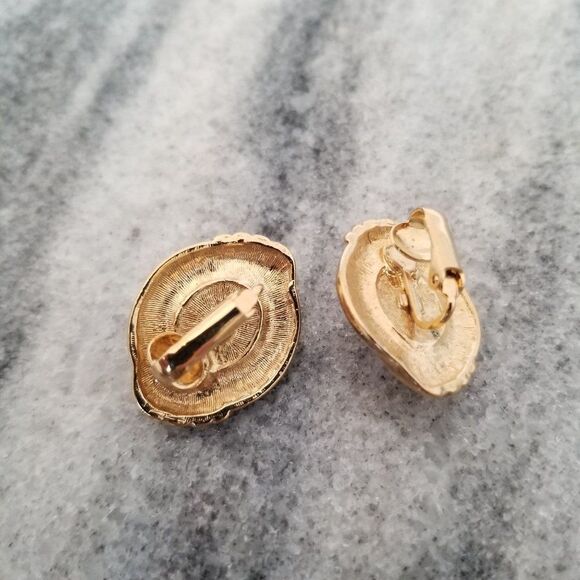 Vintage Gold Tone Clip On Earrings with Silver Tone Cabochon Centers Oval Estate - Picture 3 of 5